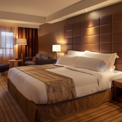 warm and modern hotel room with cozy lights