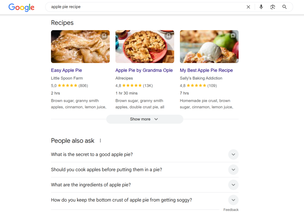 Apple Pie Recipes in the Recipe Carrousel on google.com